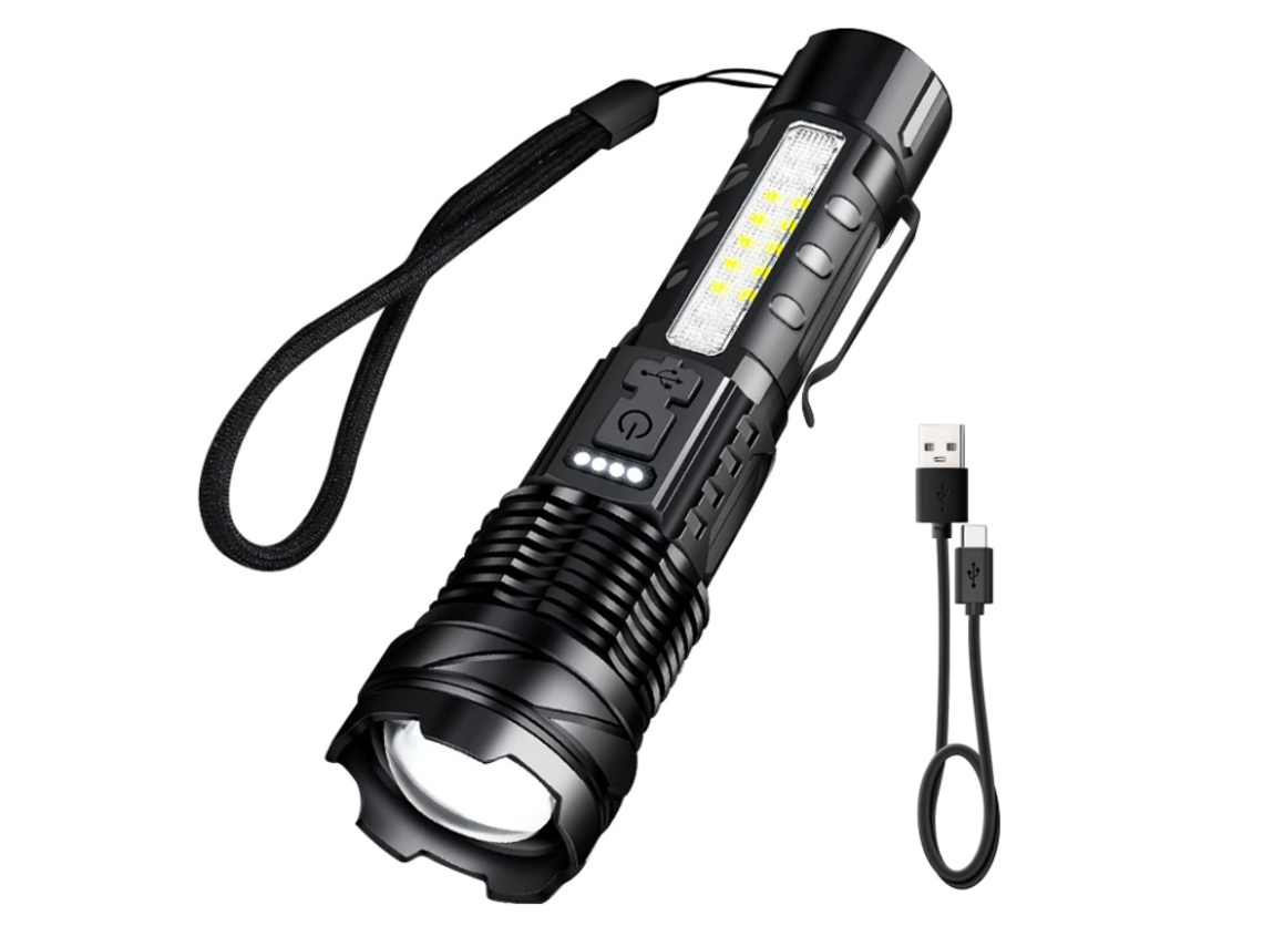Linterna LED de 20.000 lúmenes, 7 modos, USB C, luz roja/azul, indicador de clip, negra, Yizhood