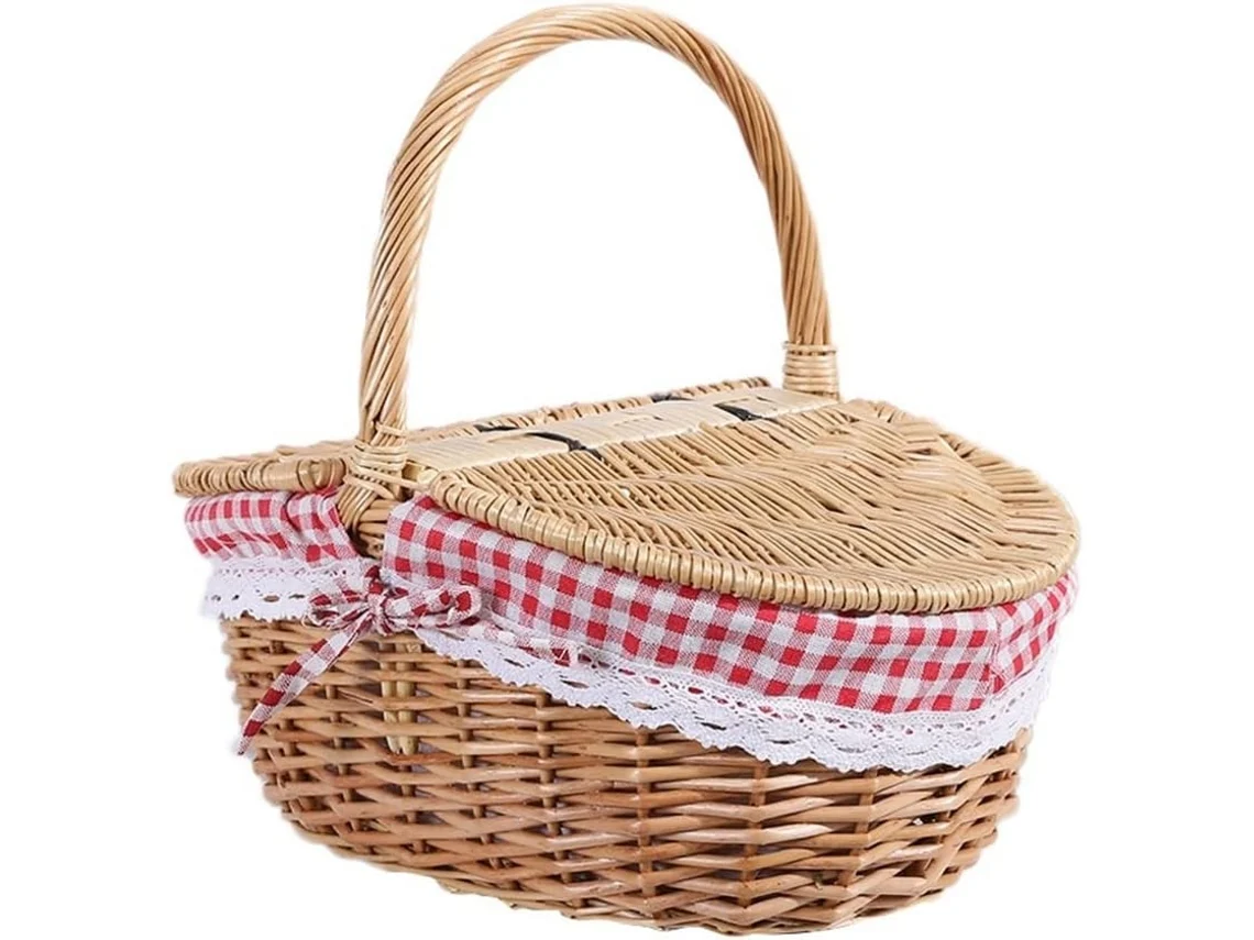 Cesta de picnic rústica de mimbre con tapa, asa y forro para picnics, fiestas y barbacoas. Gokoco
