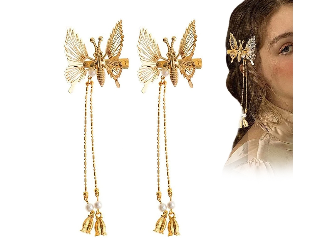 2pcs Pinza Para Cabello Mariposa Con Borla Elegante Clip Lateral Antiguo De Metal Para Mujeres Y Niñas