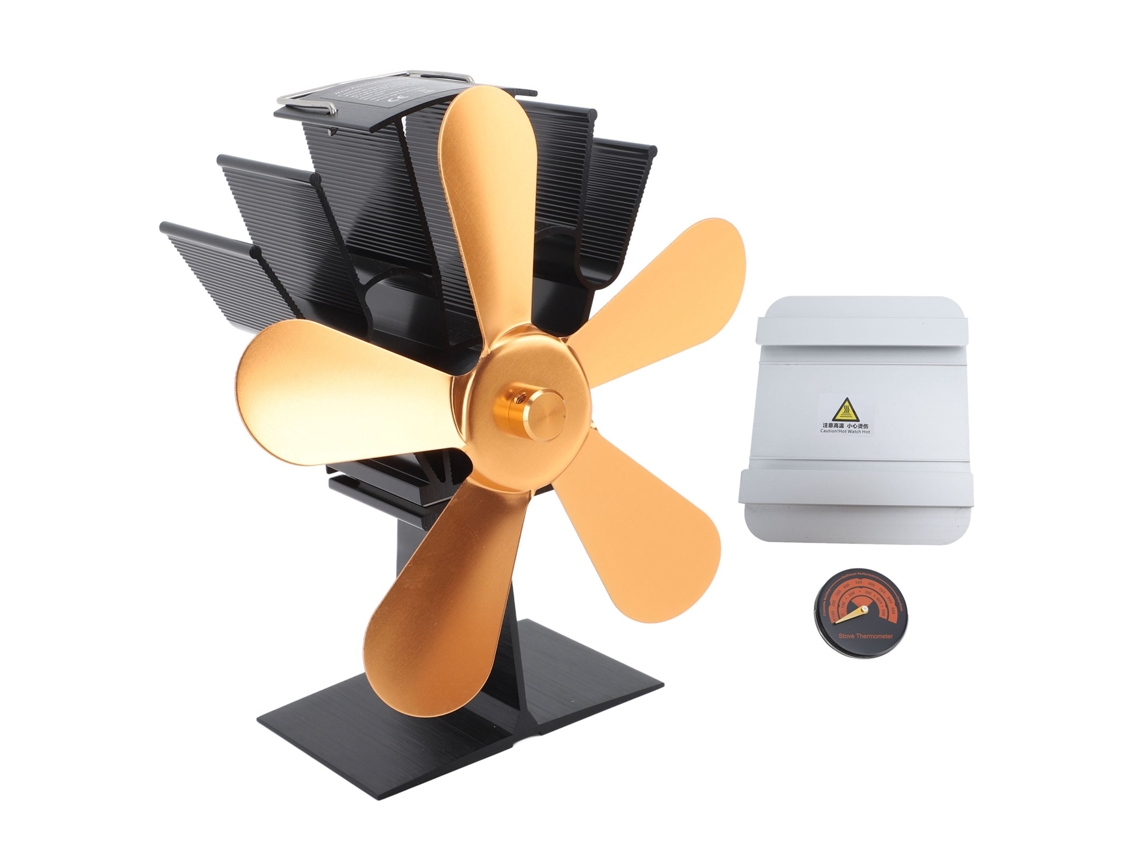 Ventilador para estufa de leña, calor, 5 aspas, dorado, termómetro
