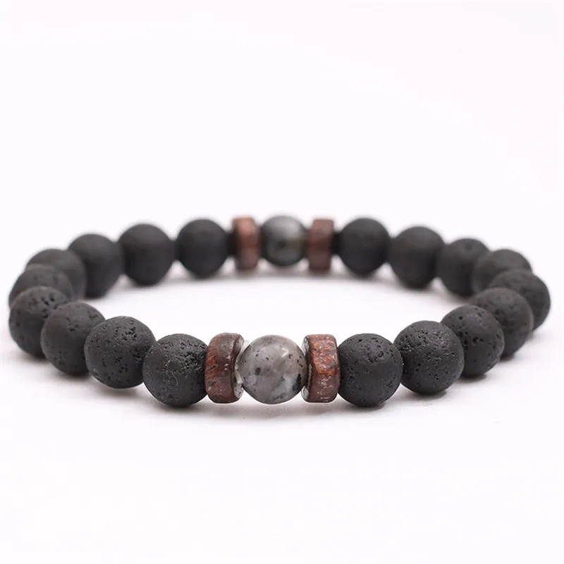 (negro, 21 Cm) Pulsera De Cuentas De Piedra De Lava Natural Con Cuentas De Madera Y Colgante Negro.