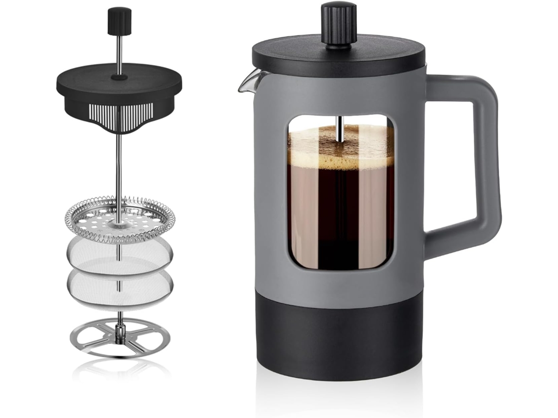 Cafetera de prensa francesa, vidrio de borosilicato resistente al calor, gris y negro (600 ml)
