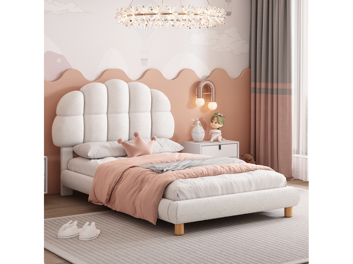 Cama Infantil De 90x200 Cm, Individual, Con Estructura De Madera, Somier De Láminas Y Tapizado De Tela No Tejida, Color Blanco.