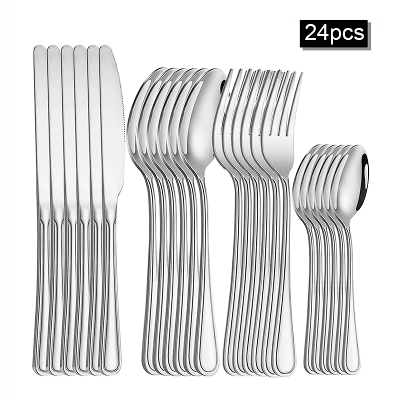 Juego De Cubiertos De Acero Inoxidable (plateado) De 24 Piezas, Que Incluye Cuchillo Y Tenedor Para Carne, Tenedor Y Cuchara De Postre.