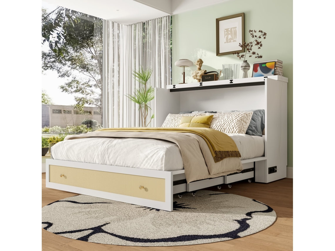 Cama Abatible 140x200 Cm, Escritorio Integrado, Cajones Amplios, Estante En Cabecero, Usb Y Enchufe, Blanco
