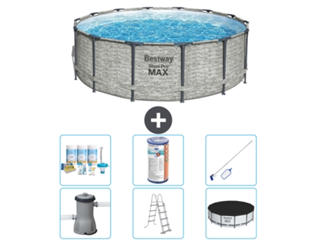 Piscina BESTWAY Round Steel Pro MAX - Estampado Piedra - 427 x 122 cm - Incluye Bomba - Escalera - Cobertor Accesorios CB32