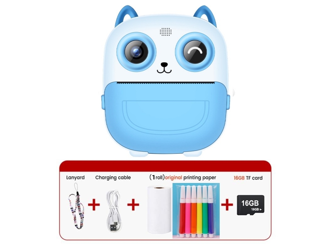 Cámara instantánea, mini cámara de impresión de alta definición 1080P para niños con tarjeta de memoria de 16 GB, color azul Cuich