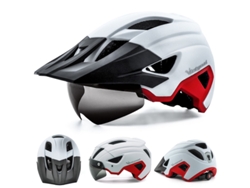 Casco de bicicleta, visera solar y gafas, recargables. Mdug (blanco/rojo, talla 57-61 cm)