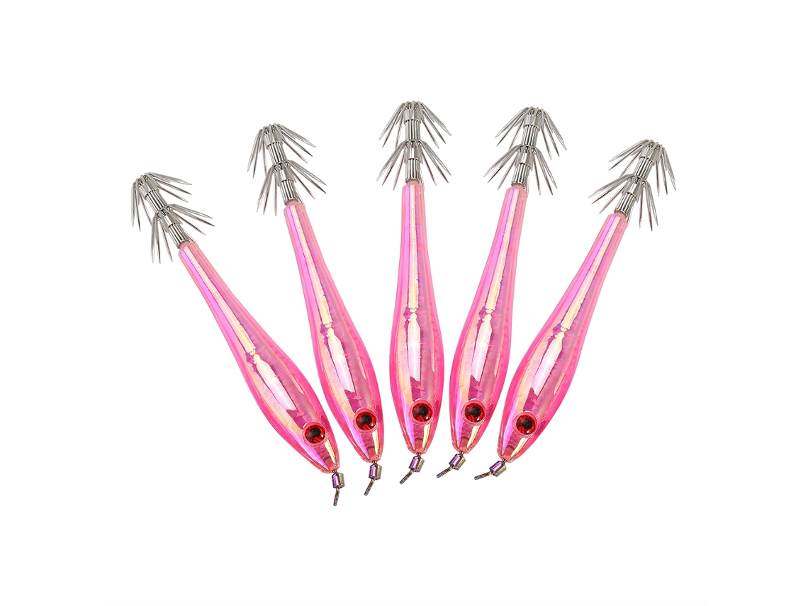 5pcs Iscas De Pesca De Lula De Plástico Duro 9.5cm Com Gancho Duplo Rosa