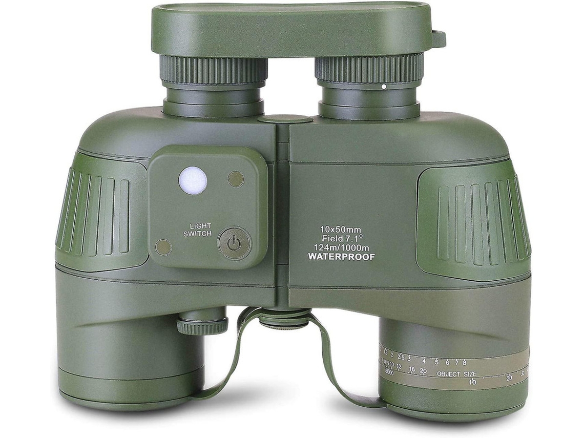 Binoculares marinos militares 10x50 con prisma Bak4 FMC, brújula, telémetro, IP68, para navegación, caza de aves, color verde Yizhood