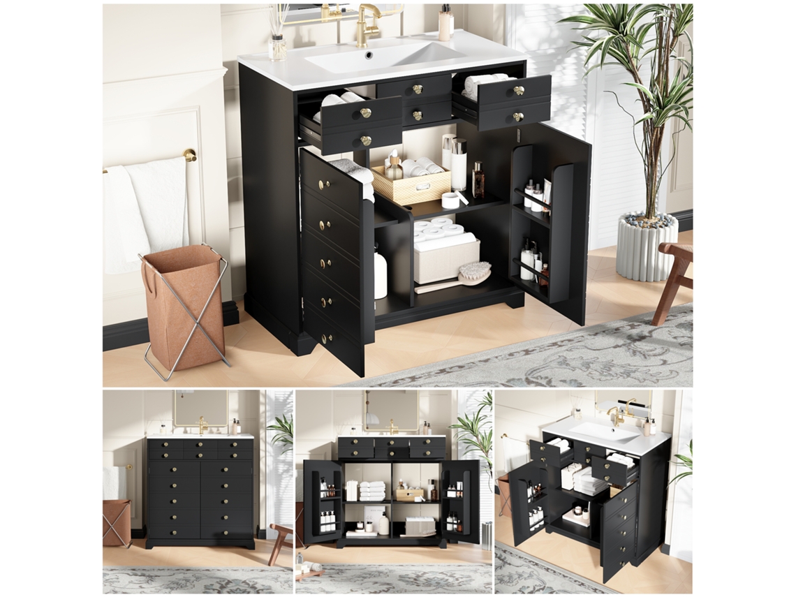 Armario De Baño - Con Lavabo De Cerámica, Cajones Y Puerta - Negro