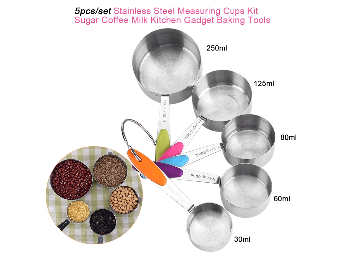 Juego De 5 Tazas Medidoras De Acero Inoxidable Con Mangos De Silicona Para Cocina Y Repostería.