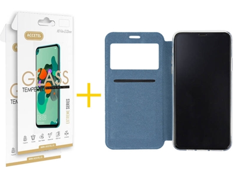 Kit Carcasa y Protector Cristal 2X iPhone 12 « 12 Pro Skyhe Gandy Flip Azul
