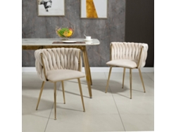 Silla Comedor Terciopelo 2 Piezas - Diseño Tejido A Mano, Patas Metálicas Doradas - Marfil
