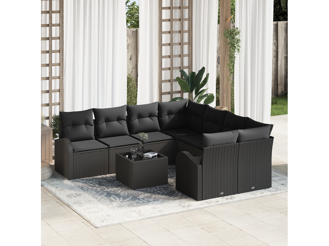 Conjunto 9 De Sofás De Jardín De Vidaxl Con Cojines Negro Poliratán