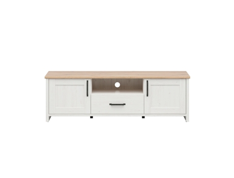 Mueble para televisión con 2 puertas y 1 cajón 160 cm Aksel blanco y madera PETITS-MEUBLES