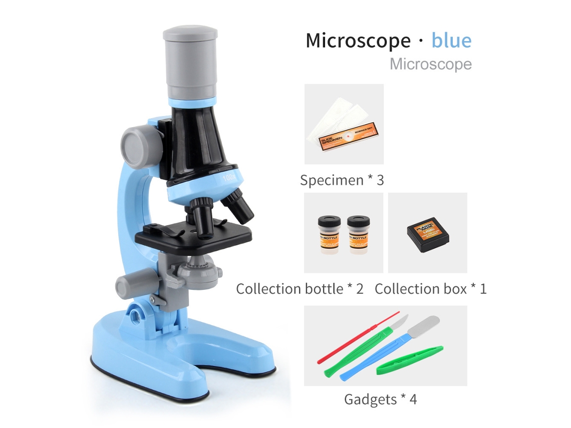 Microscopio infantil, aumento de 100x a 1200x, apto para niños de 3 a 12 años, color azul (1 unidad)