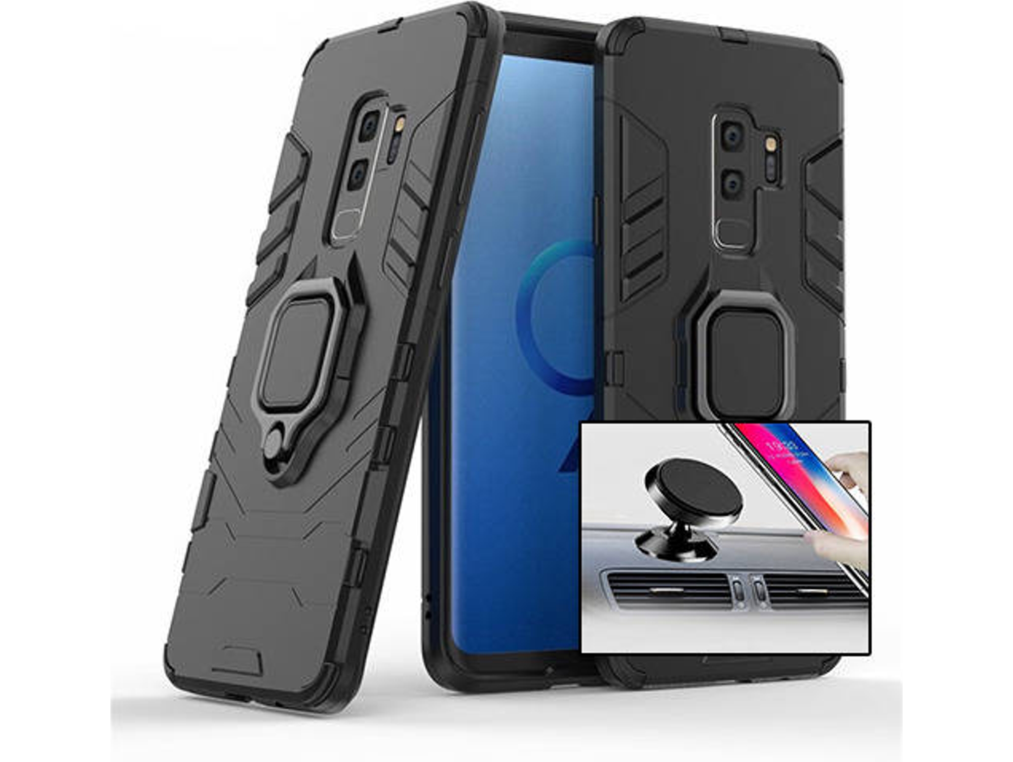 Kit Carcasa y Soporte Magnetico Auto Samsung Galaxy S9+ Military Defender Negro