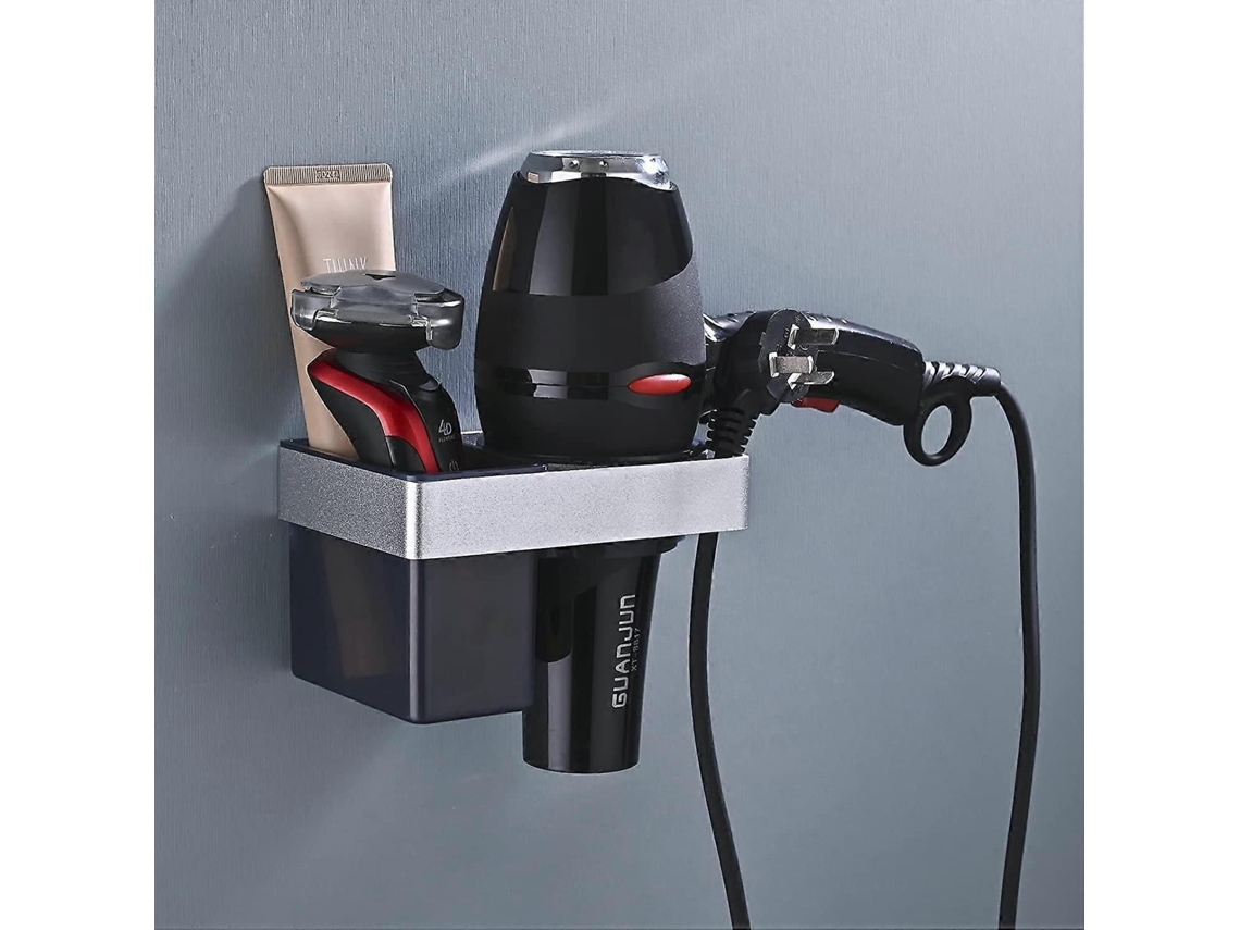 Soporte de pared autoadhesivo para secador de pelo, pinza de aluminio para el cabello con almacenamiento y organizador de cables, GOKOCO