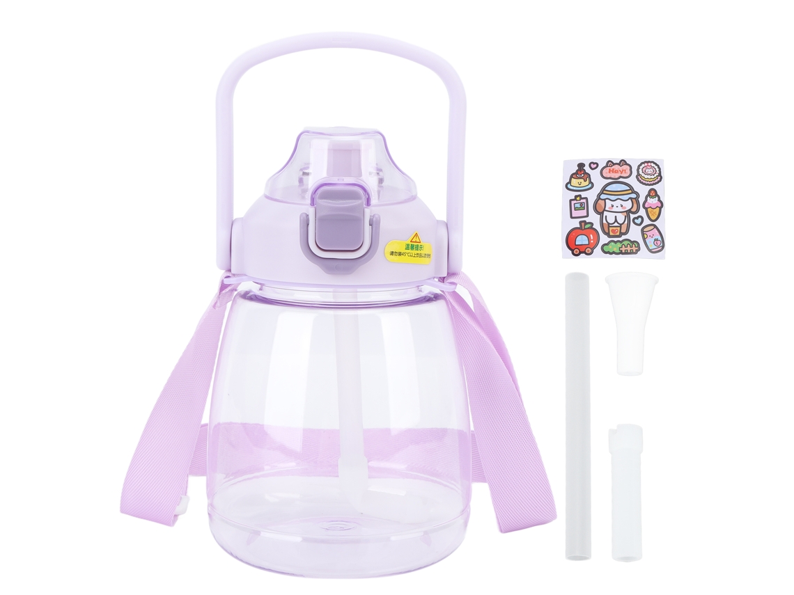 Garrafa De Água 1100ml Com Canudo E Cinto Anti-vazamento Garrafa Gorda Plástica Para Crianças Mulheres Roxa