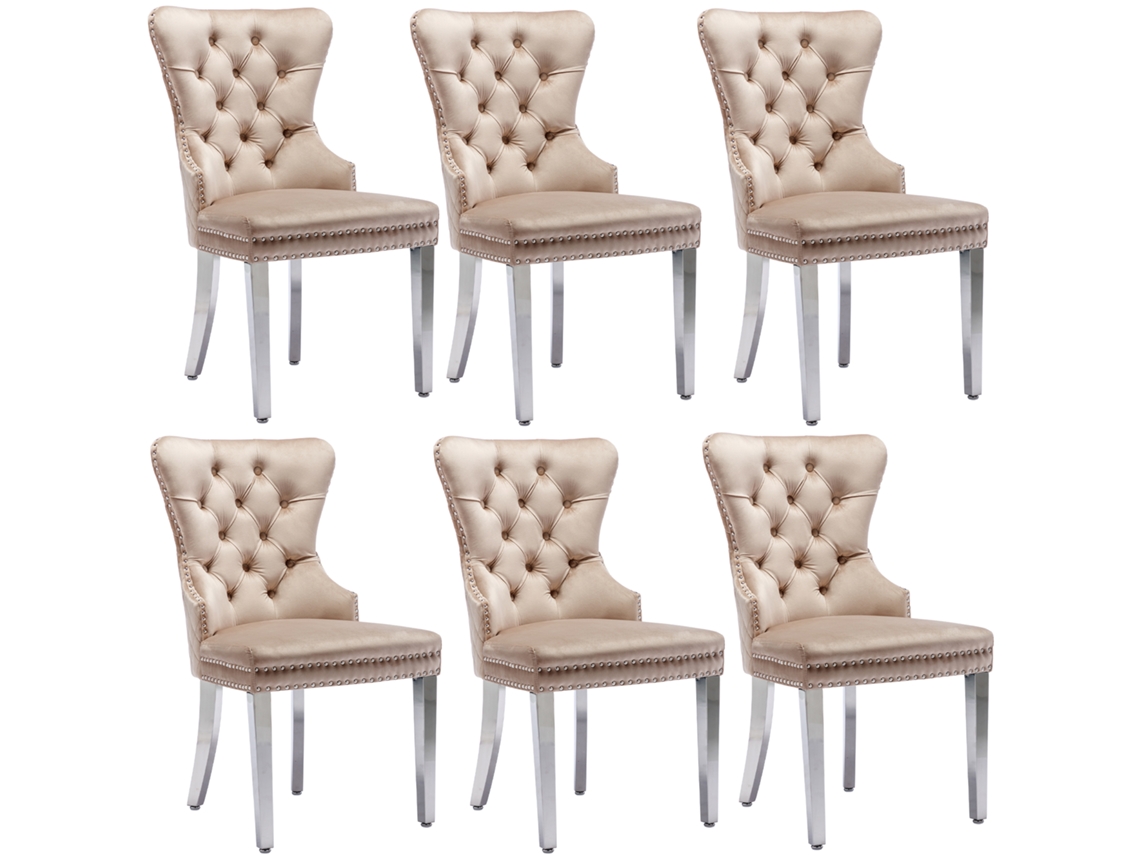 Conjunto de 6 sillas de terciopelo con patas de metal beige Mobrio
