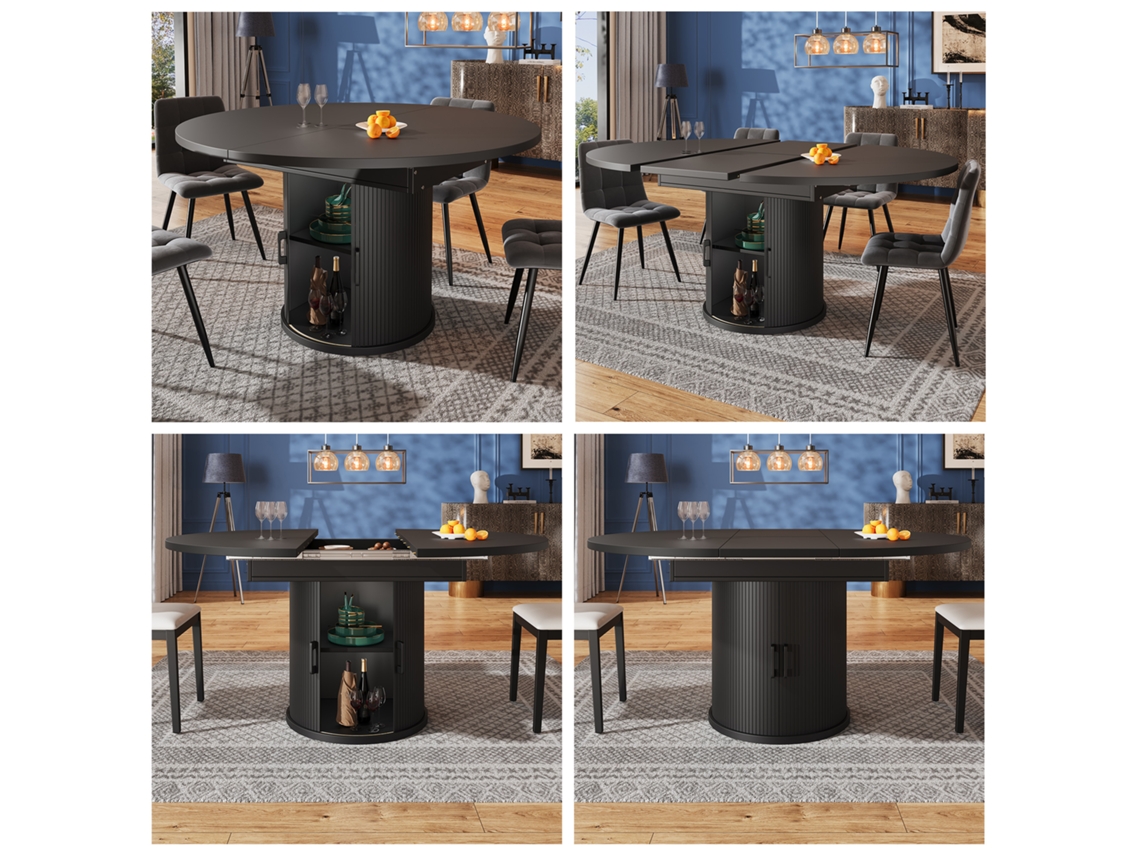 Mesa Extensible Redonda 118-158 Cm - Mesa De Comedor, Extensible A Ovalada, Capacidad 6 Personas - Nogal/negro