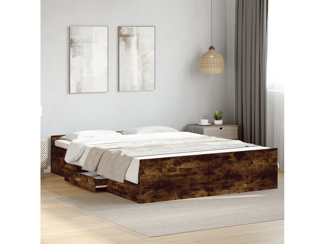 Cama Con Cajones Madera De Ingeniería Roble Ahumado 150x200 Cm