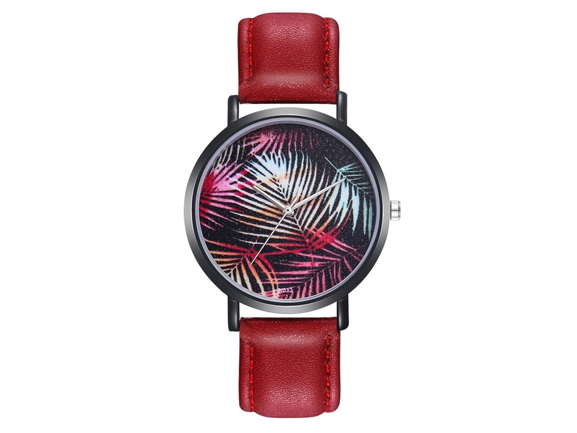 Reloj De Pulsera Para Mujer Con Estampado De Hojas, Correa De Piel Sintética Y Movimiento De Cuarzo Rojo.
