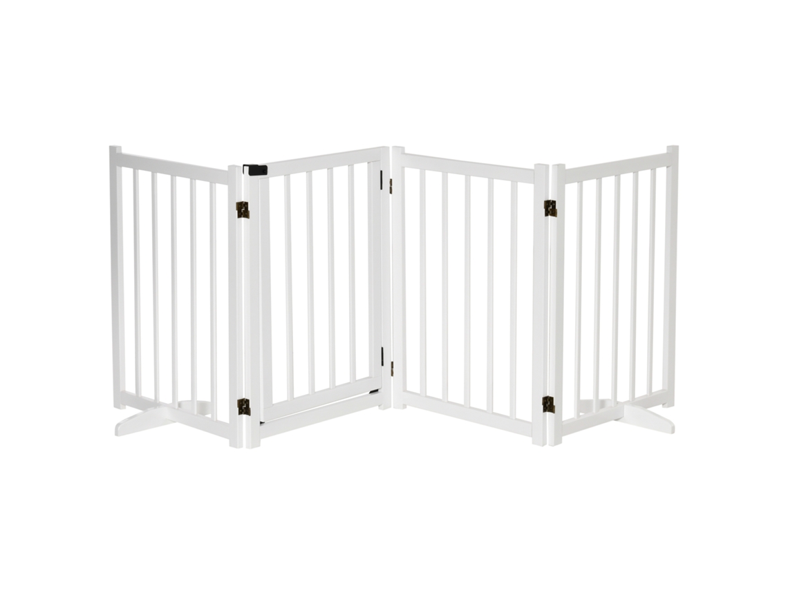 Barrera plegable para perros, barrera de 4 paneles para perros pequeños y medianos con puerta para escaleras y pasillos, 237,5 x 36 x 80 cm, blanca.