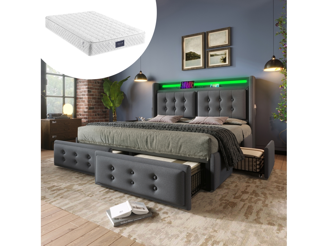 Cama Con Almacenamiento De 140x200 Cm, Iluminación Led, 4 Cajones, Color Gris Algodón, Madera Y Metal. Incluye Colchón.