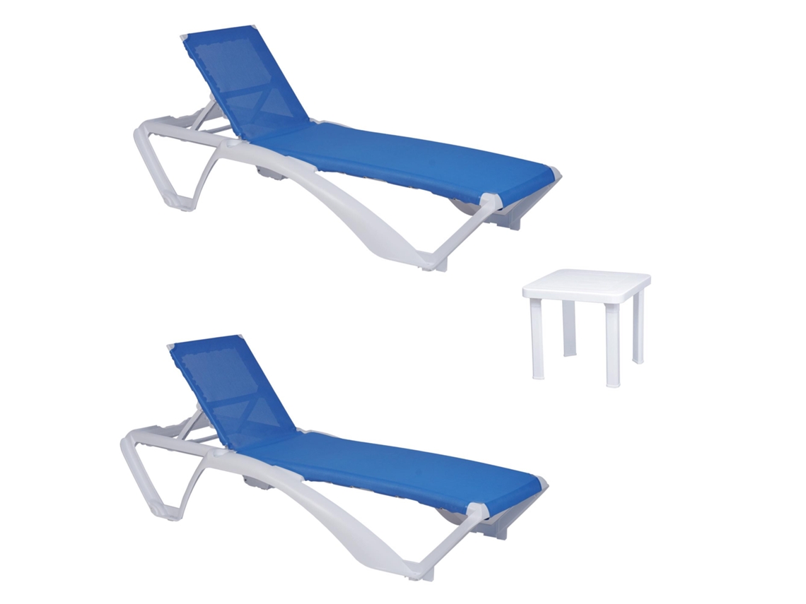 Set 2+1 Tumbonas-mesa Auxiliar Exterior Blanco - Azul Acqua-andorra Garbar