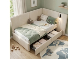 Cama De Día 90x200 Cm - 2 Cajones, Tapizada, Sofá Cama Con Usb Y Lámpara De Lectura - Beige