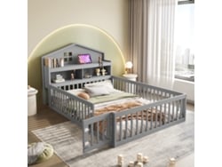 Cama Infantil De 140x200 Cm En Madera Maciza Con Diseño De Casita, Estantes, Espacio De Almacenamiento, Barandilla De Seguridad, Color Gris.