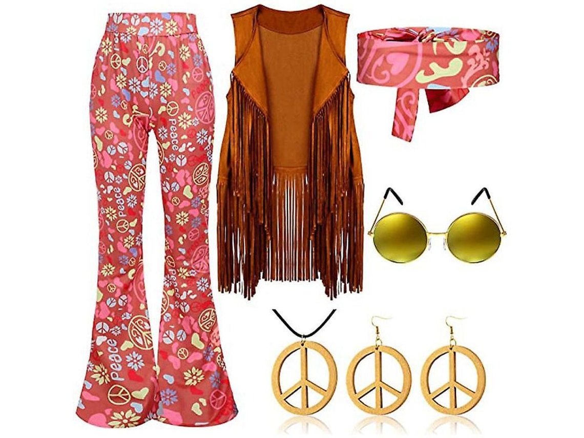 2026-traje Retro Hippie De Los 70 Con Chaleco De Flecos, Pantalones Y Bufanda Para Fiesta De Disfraces