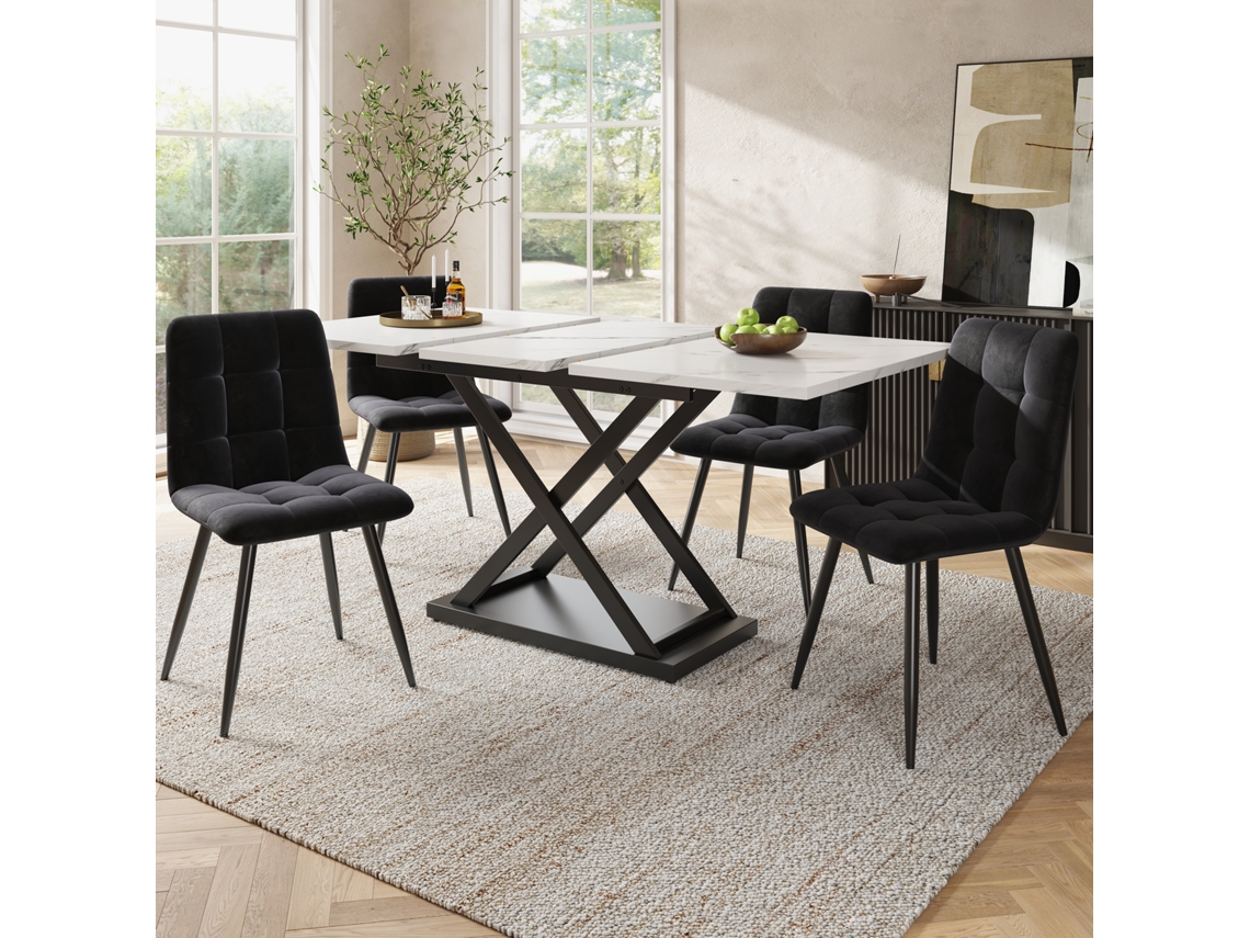 Mesa De Comedor Extensible Con 4 Sillas, 160x80x75 Cm, Tablero Blanco Marmolado, Terciopelo Negro