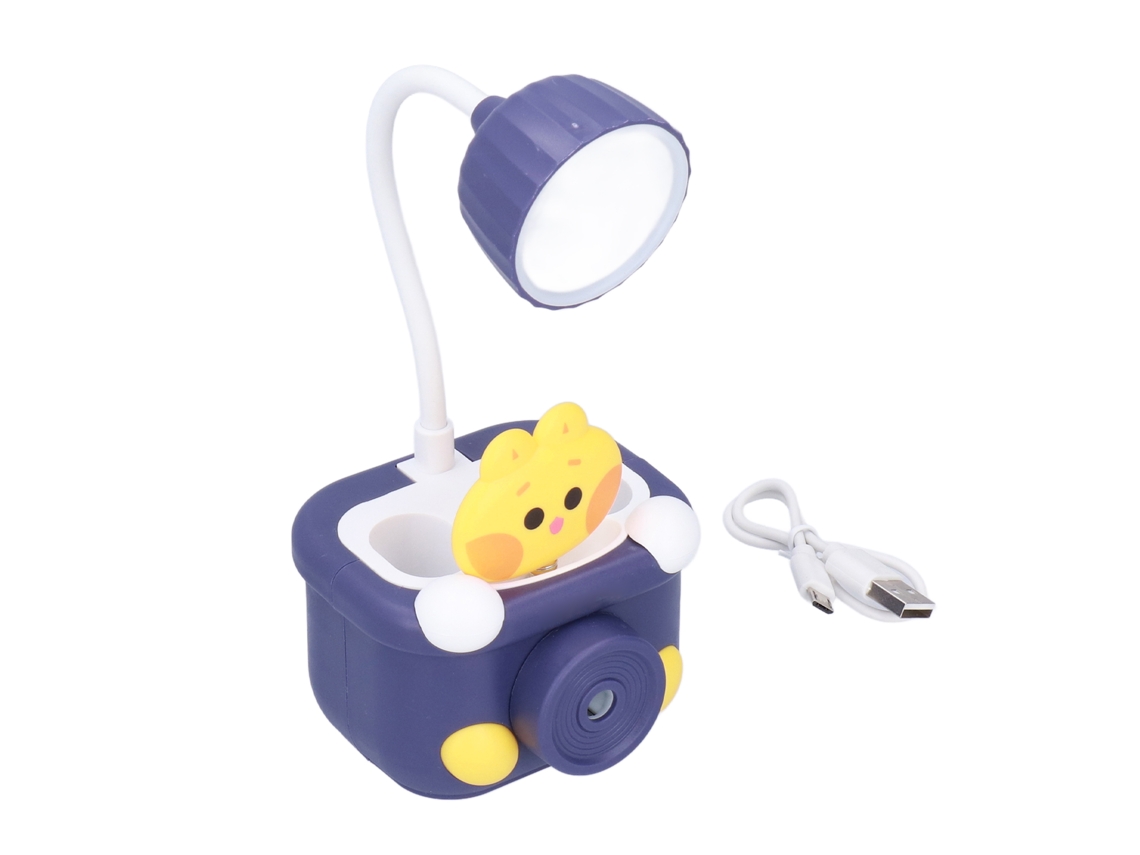 Lámpara De Escritorio Usb Con Diseño De Gato Y Página De Dibujos Animados, Portalápices Led Y Sacapuntas Azul.