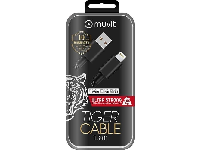 Cable MUVIT Tiger (USB - Lightning - 1.2 m - Negro) — Lightning | 2,4 A