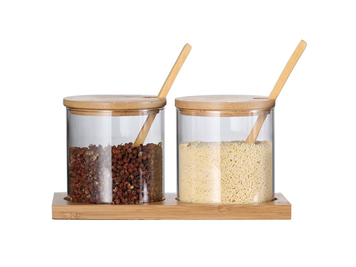 Set de 3 botes de cristal con tapa de madera, ideales para guardar especias NEVEANCE
