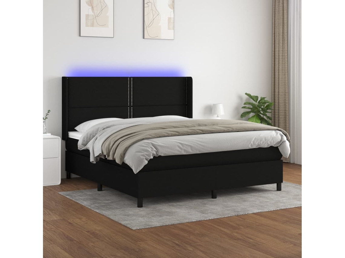 Cama Box Spring Colchón Y Luces Led Tela Negro 160x200 Cm