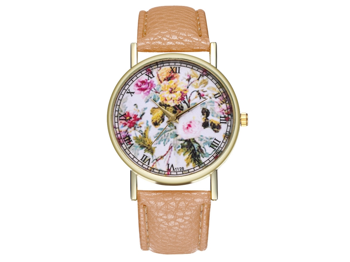 Reloj De Pulsera De Cuarzo Para Mujer Con Correa De Piel Sintética, Estilo Sencillo Y Estampado Floral Beige.