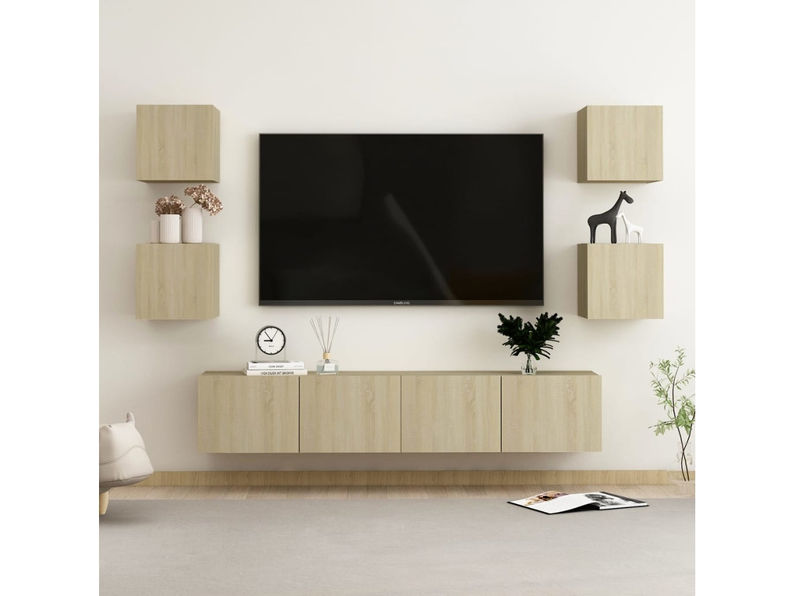 6Pzs Pack de Muebles de Armario Tv Contrachapado Color Roble Sonoma