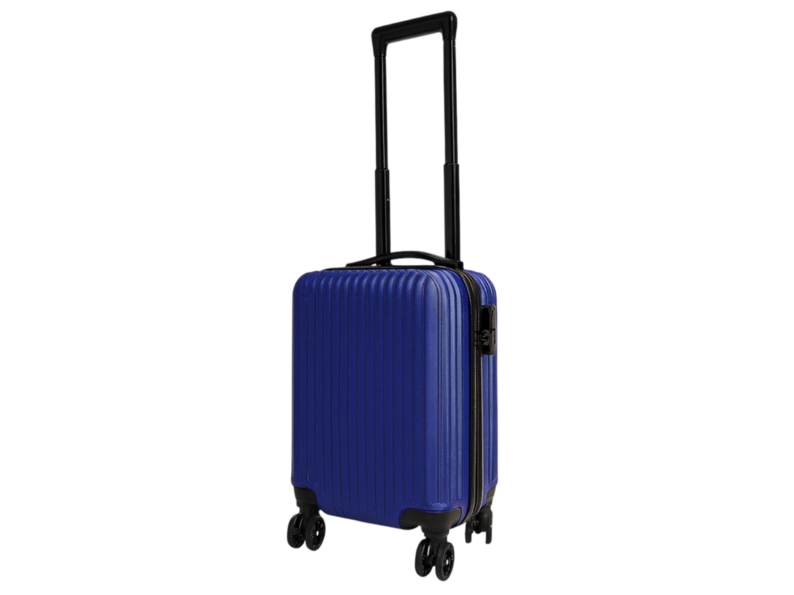 Maleta de cabina azul de 16 pulgadas fabricada en ABS resistente con 4 ruedas giratorias.