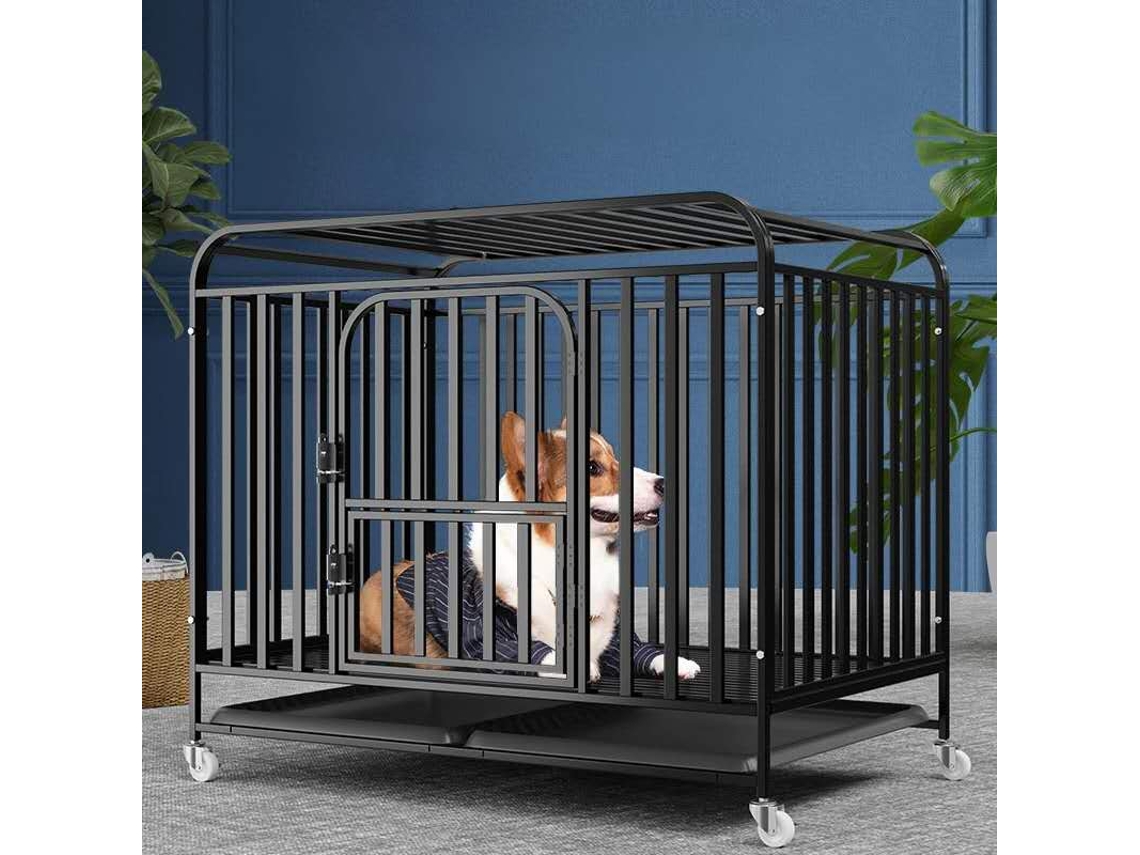 Jowy Jaula Para Perros Grande De Alta Resistencia Con Hierro Fuerte, 4 Ruedas Giratorias, 2 Puertas Y Bandeja Extraible