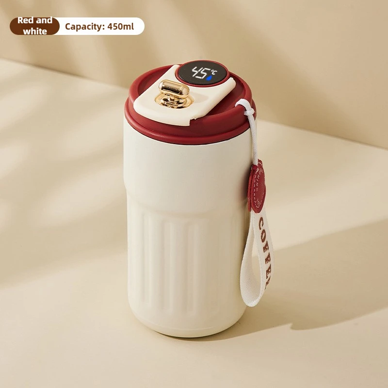 (rojo Y Blanco, 450 Ml) Vaso Térmico De Acero Inoxidable 316, Con Aislamiento Al Vacío Y Pantalla Inteligente De Temperatura.