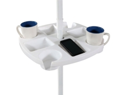 Mesa Auxiliar Con Sombrilla De Playa, 4 Portavasos Y Compartimentos Para Aperitivos, Fabricada En Plástico Pp Blanco.