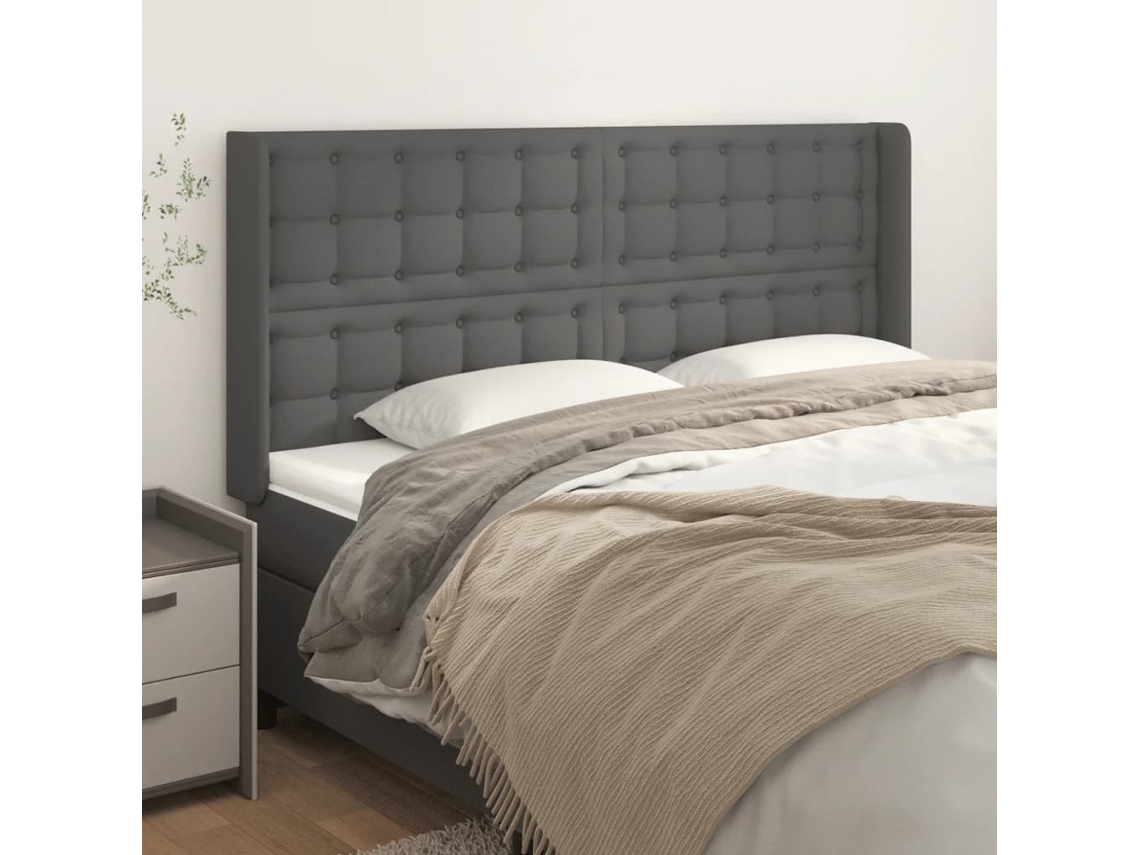 Cabecero Con Orejas De Cuero Sintético Gris 203x16x118/128 Cm