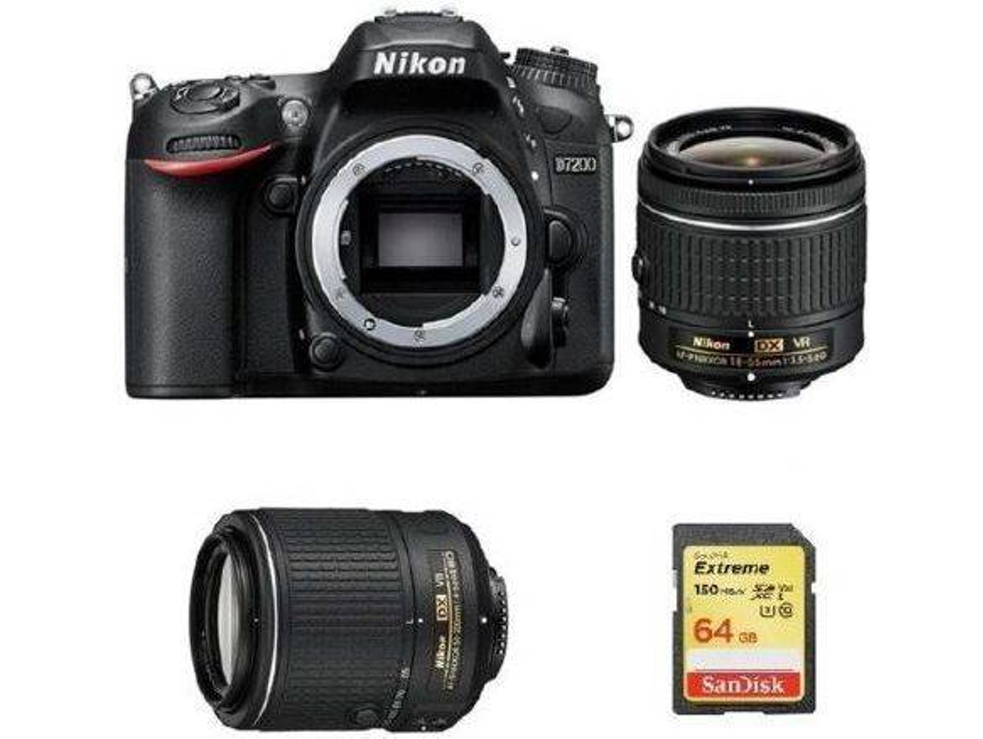 Kit Cámara Réflex NIKON D7200 + AF-P DX 18-55mm F3.5-5.6G VR + AF-S DX 55-200MM F4-5.6G ED VR II + 64GB SD