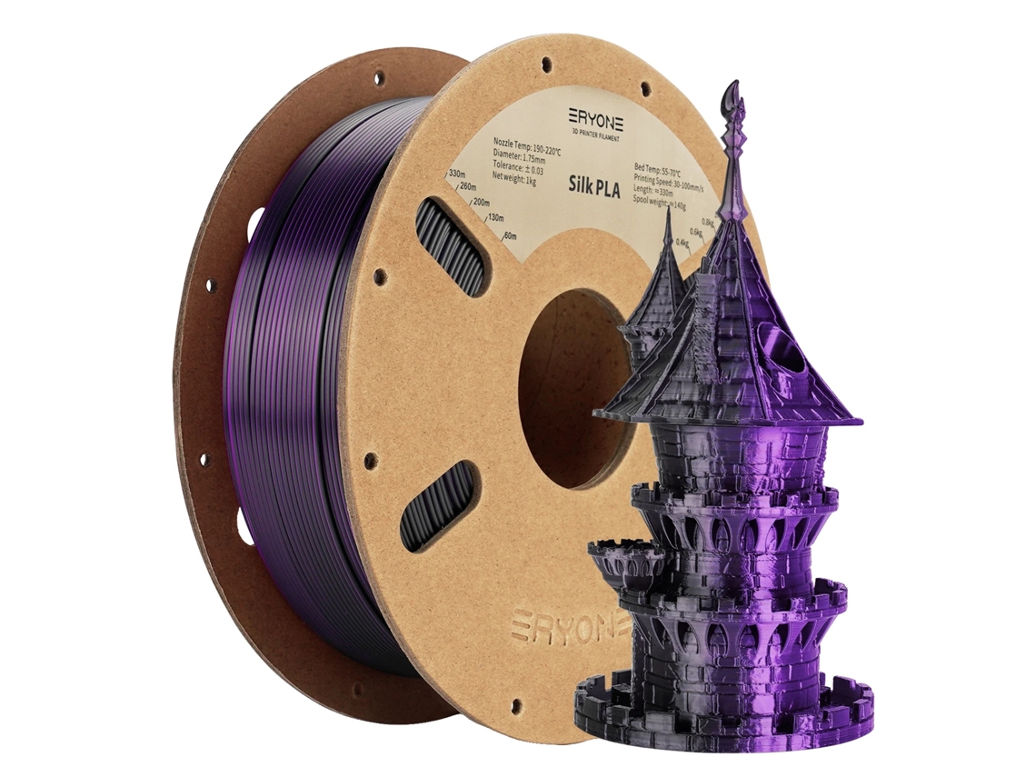 Filamento para impresora 3D, capacidad de doble color, alta precisión dimensional, negro y morado seda.