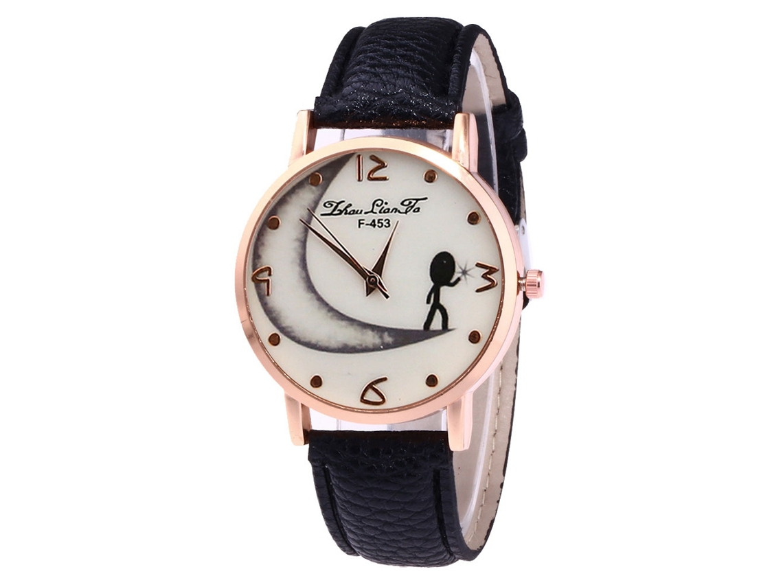 Reloj Analógico De Cuarzo Para Mujer Y Hombre Con Correa Pu Dial Luna Negra
