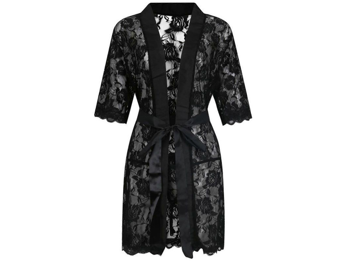 Kimono De Encaje Floral Transparente Para Hombre Con Cinturón De Seda Y Tanga Manga Corta Xxl Blanco Negro S Negro